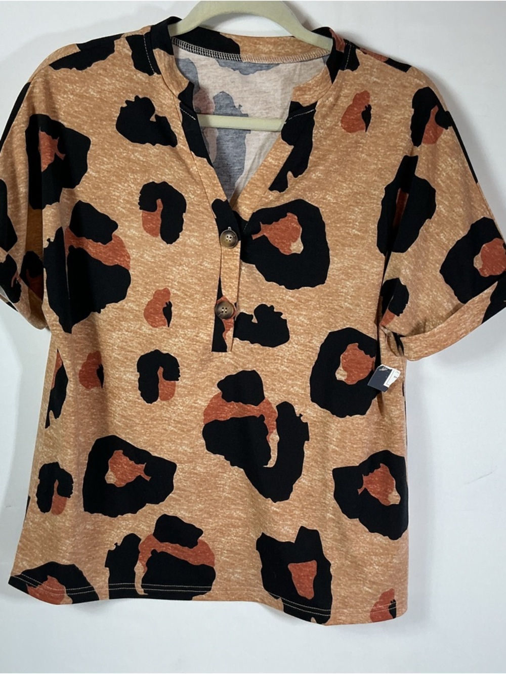 Tan Leopard Print Short Sleeve Henley Top